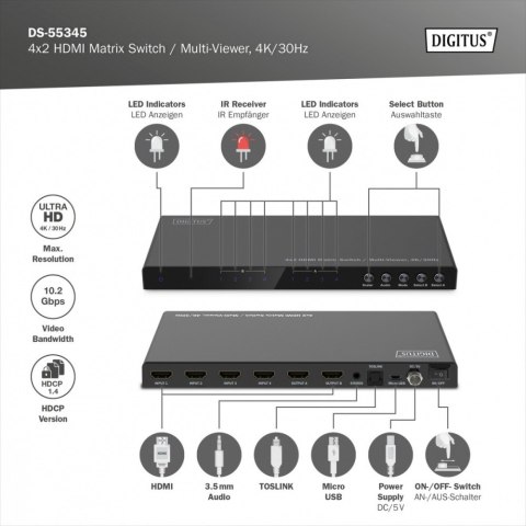 Przełącznik/Matrix HDMI 4/2-porty 4K/30Hz UHD HDCP 1.4 audio z pilotem