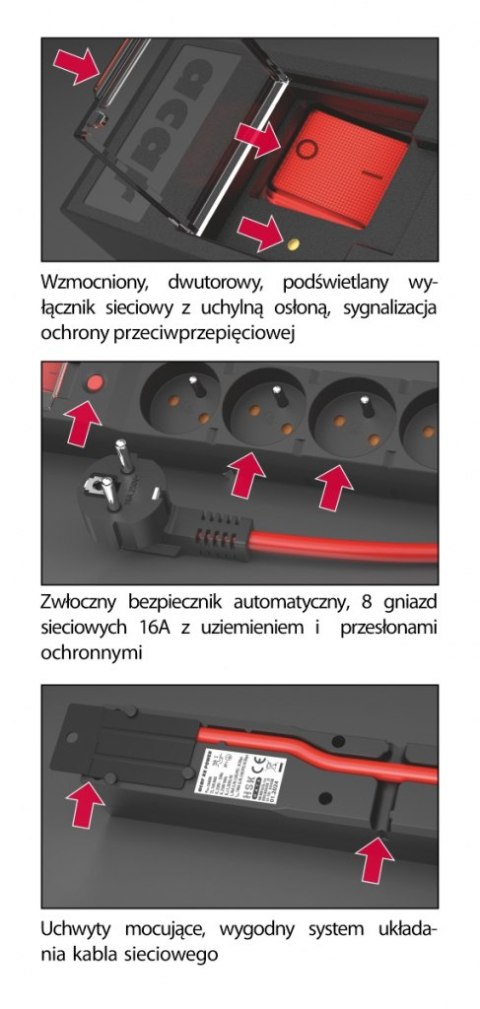 Urządz. zas.-zabezpiecz. acar R8 POWER 16A, czarny 1,5m W2450