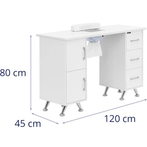 Biurko kosmetyczne do manicure z pochłaniaczem 3 szuflady 2 szafki - biało srebrne