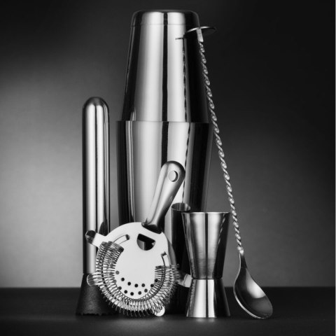 Zestaw barmański w tubie shaker jigger sitko muddler łyżka - srebrny