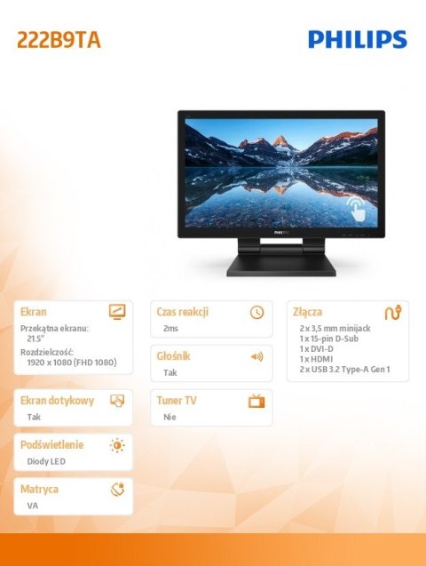Monitor LCD 222B9TA 21.5 cala VA Touch 10 points