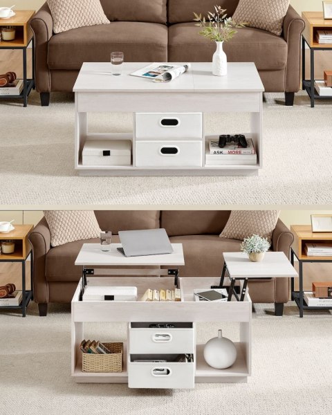 Beżowy stolik kawowy z rozkładanym blatem