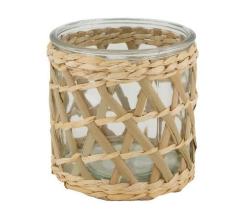Szklany świecznik na tealight z osłoną z rattanu
