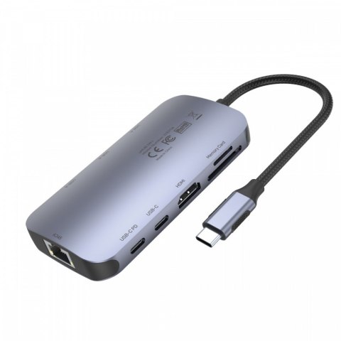 HUB USB-C 9w1, USB-C, HDMI 2.0, RJ45, PD 100W, czytnik SD; D1071A