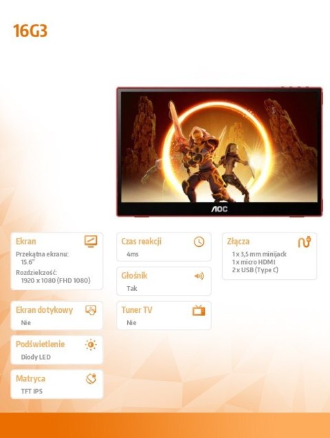 Monitor 16G3 15.6 cala IPS 144 Hz MicroHDMI USB-C