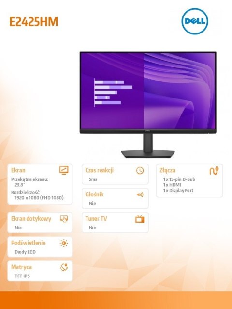 Monitor E2425HM 23.8 cala VA LED Full HD (1920x1080)/16:9/DP/HDMI/VGA/3Y
