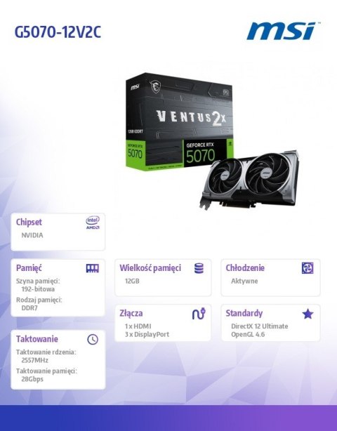 Karta graficzna GeForce RTX 5070 12G VENTUS 2X OC GDDR7 192bit HDMI/3DP