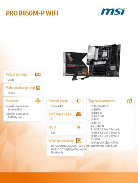 Płyta główna PRO B850M-P WIFI AM5 4DDR5 ATX