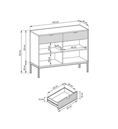 Loftowa komoda NOVA KSZ-104C czarna Nowoczesna komoda na metalowych nogach, w stylu industrialnym, ryflowane fronty, w kolorze c
