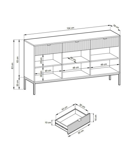 Loftowa komoda NOVA KSZ-154S szara Nowoczesna komoda na metalowych nogach, w stylu industrialnym, ryflowane fronty, w kolorze sz