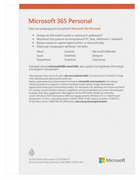 M365 Personal PL 1Y 1U 5D Win/Mac Box EP2-32454 Zastępuje P/N: QQ2-01752