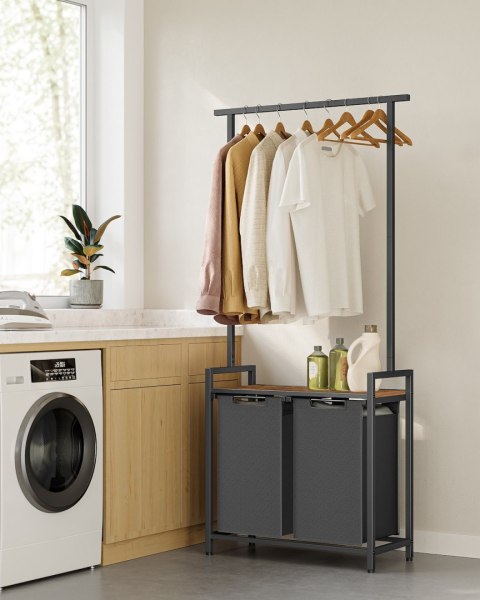 Kosz na pranie 2 przegrody i wieszak Kosz na pranie z dwoma pojemnymi komorami z drążkiem na ubrania, oszczędność miejsca do łaz