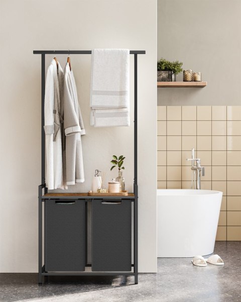 Kosz na pranie 2 przegrody i wieszak Kosz na pranie z dwoma pojemnymi komorami z drążkiem na ubrania, oszczędność miejsca do łaz