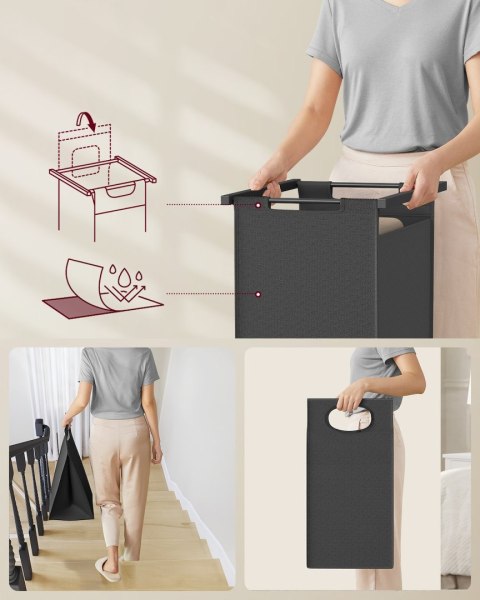 Kosz na pranie 2 przegrody i wieszak Kosz na pranie z dwoma pojemnymi komorami z drążkiem na ubrania, oszczędność miejsca do łaz
