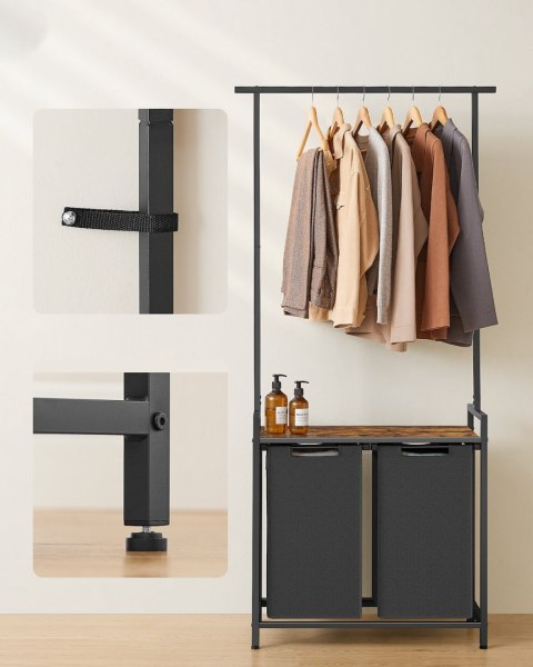 Kosz na pranie 2 przegrody i wieszak Kosz na pranie z dwoma pojemnymi komorami z drążkiem na ubrania, oszczędność miejsca do łaz