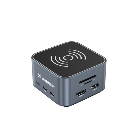 12w1 Hub z ładowarką bezprzewodową USB-A USB-C HDMI RJ45 SD TF mini jack - szary