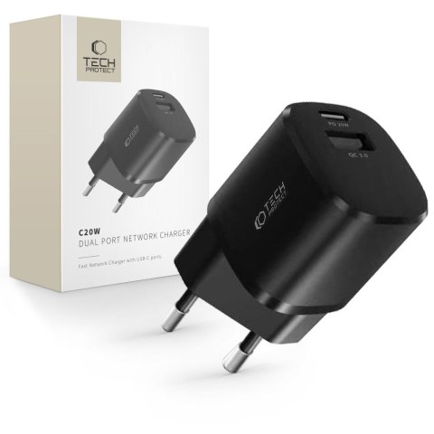 Ładowarka sieciowa C20W mini USB-C PD 20W / USB-A QC 3.0 - czarna