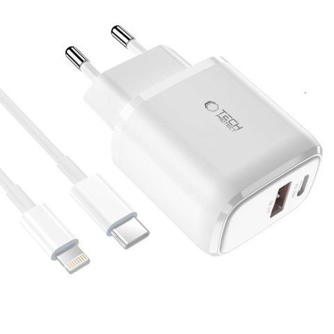Ładowarka sieciowa USB-C PD 20W / USB-A QC 3.0 z kablem USB-C / iPhone Lightning - biała