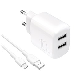 Ładowarka sieciowa 2x USB-A PROLITE 10W z kablem USB-A - USB-C 1.2m - biała