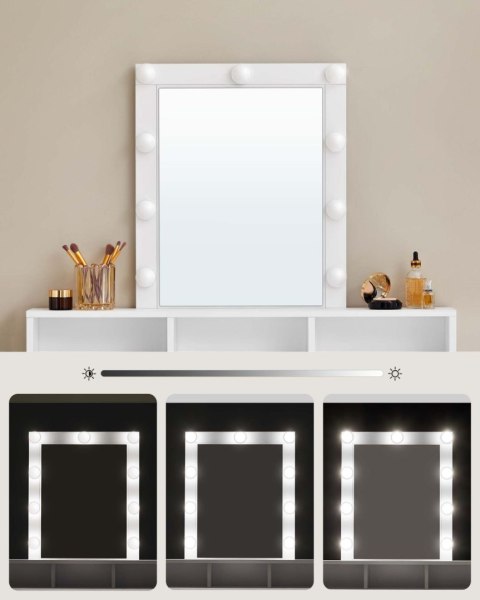 Toaletka z oświetleniem LED GLAMOUR Funkcjonalna toaletka z oświetleniem, 2 szufladami i 3 otwartymi przegródkami, idealna do pr