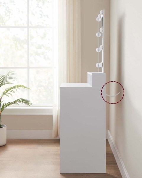 Toaletka z oświetleniem LED GLAMOUR Funkcjonalna toaletka z oświetleniem, 2 szufladami i 3 otwartymi przegródkami, idealna do pr