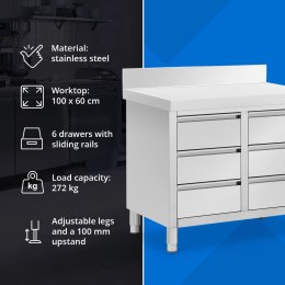 Szafka gastronomiczna przyścienna z rantem 6 szuflad STAL 100 x 60 cm