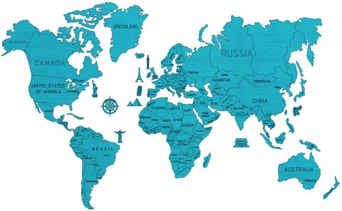 Drewniana Mapa Świata na ścianę 3D, rozm. XXL - kolor niebieski