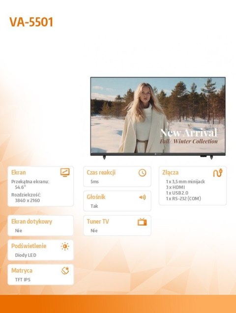 Monitor wielkoformatowy VA-5501 CZARNY 350cd/m2 1200:1 16/7 UHD