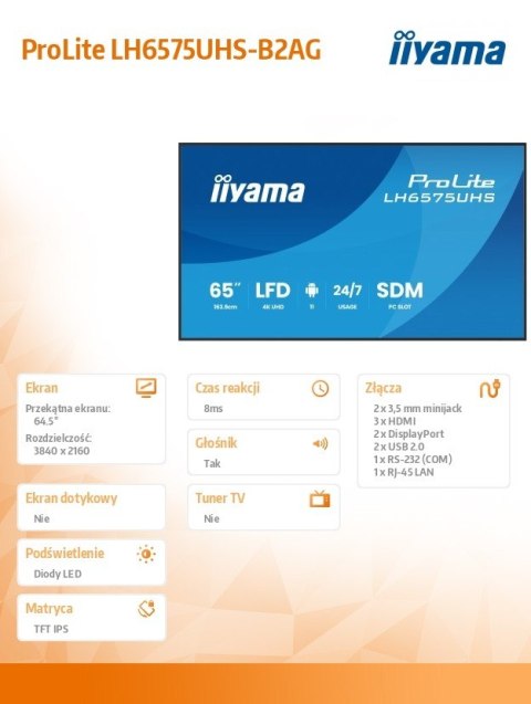 Monitor 65 cali LH6575UHS-B2AG,24/7,IPS,ANDROID.11,4K, WiFi, iiSignage2, FailOver, EShare, 24/7, full daisy chain