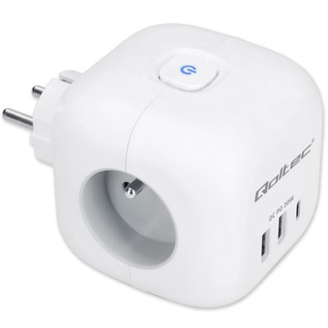 Kostka zasilająca przedłużacz 6w1 z podświetlanym włącznikiem | 3x AC | 2x USB | 1x USB-C PD 20W | biała