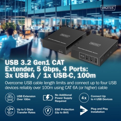 Przedłużacz (extender) po skrętce kat.6A USB 3.1 Gen1 do 100m, 3x USB-A, 1x USB-C do 5 Gbps, 1x RJ45 (Gigabit Ethernet) - zesta