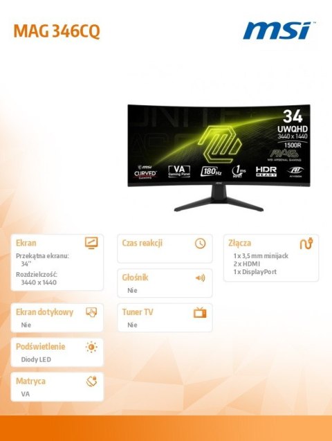 Monitor MAG 346CQ 34 cale/LED/UWQHD/Curved/180Hz/czarny