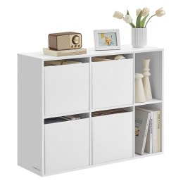 Biały regał na książki z pudełkami