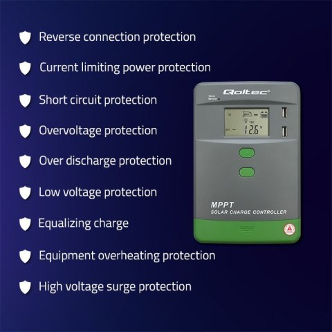 Solarny regulator ładowania MPPT z czujnikiem temperatury 10A | 12V/24V | LCD | 2xUSB | Bluetooth | APP | GEL | LiFePO4