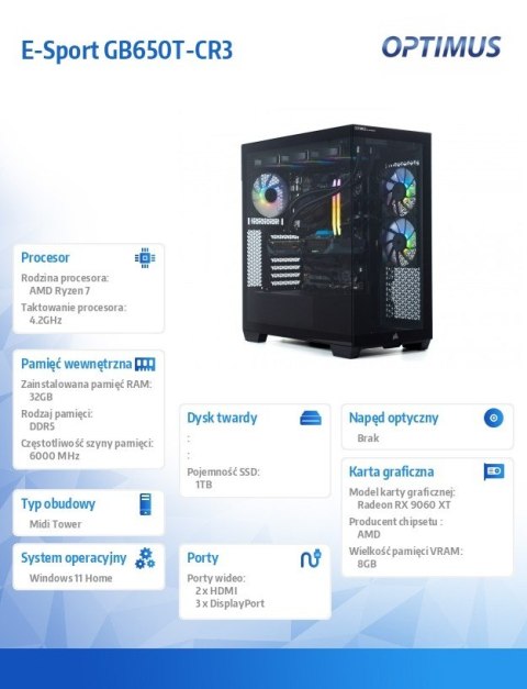 Komputer E-Sport GB650T-CR4 R7-7800X3D/32GB/1TB/RX 9060 XT 8G/W11
