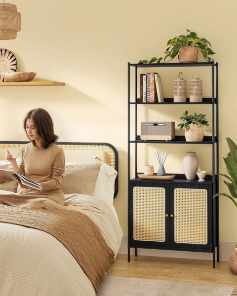 Czarny regał z rattanową szafką 6 półek