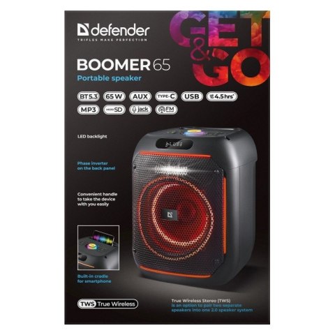 Głośnik bluetooth BOOMER 65W czarny podświetlenie LED