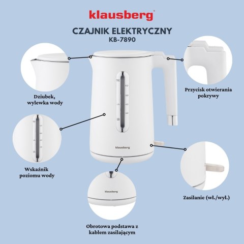 CZAJNIK ELEKTRYCZNY BEZPRZEWODOWY 1.7L BIAŁY KLAUSBERG KB-7890