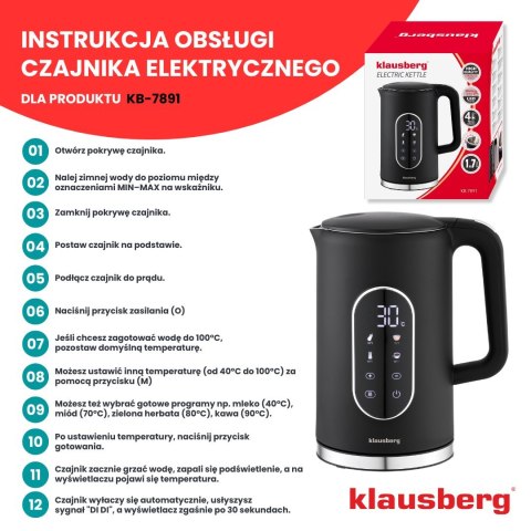 CZAJNIK ELEKTRYCZNY Z REGULACJĄ TEMPERATURY 1.7L BEZPRZEWODOWY CZARNY KLAUSBERG KB-7891