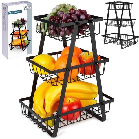 KOSZYK KOSZ NA OWOCE WARZYWA METALOWY CZARNY PIĘTROWY 3-POZIOMOWY VILDE 229111