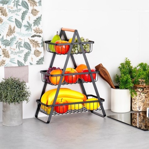 KOSZYK KOSZ NA OWOCE WARZYWA METALOWY CZARNY PIĘTROWY 3-POZIOMOWY VILDE 229115