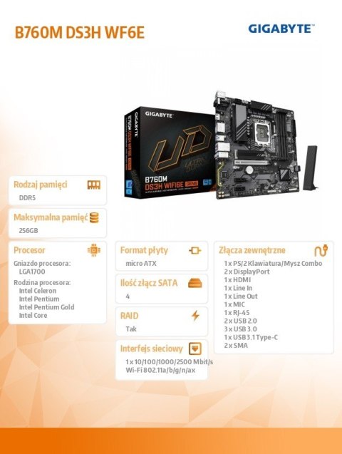 Płyta główna B760M DS3H WF6E GEN5 s1 700 4DDR5 HDMI/DP mATX