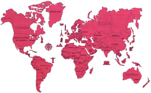Drewniana Mapa Świata na ścianę 3D, rozm. XXL - kolor koralowy