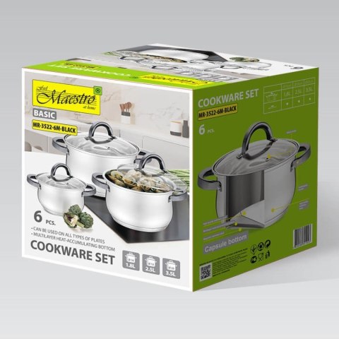 Komplet garnków z czarnymi uchwytami 6 elementów MR-3522-6M-BLACK