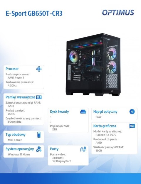 Komputer E-Sport GB650T-CR5 Ryzen 7 7800X3D/32GB/1TB/RX 9070 OC 16GB/W11H