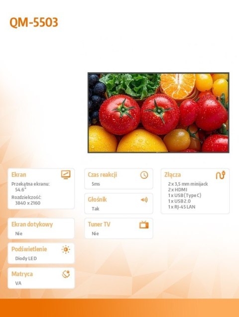 Monitor wielkoformatowy QM-5503 CZARNY 500cd/m2 5000:1 24/7 4K