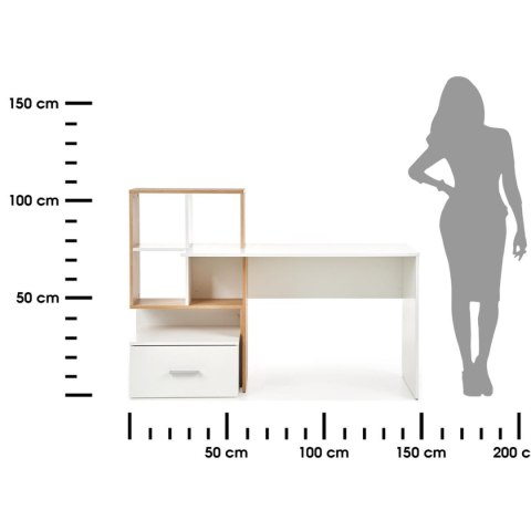 Biurko młodzieżowe Grosso dąb złoty Wykonane z płyty laminowanej w kolorze dąb złoty i białym, z półkami, w stylu nowoczesnym