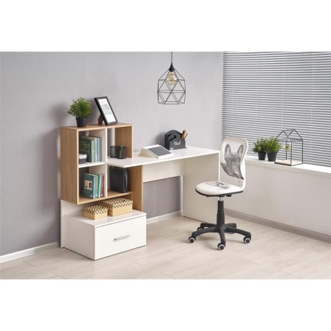 Biurko młodzieżowe Grosso dąb złoty Wykonane z płyty laminowanej w kolorze dąb złoty i białym, z półkami, w stylu nowoczesnym