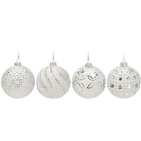 Bombki szklane Volute 80 mm 12 szt. Zestaw dwunastu dekoracyjnych bombek do powieszenia w kolorze biało-srebrnym