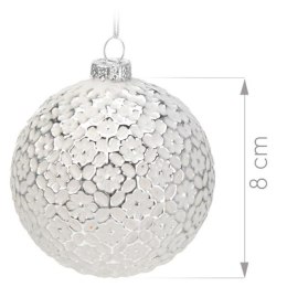 Bombki szklane Volute 80 mm 12 szt. Zestaw dwunastu dekoracyjnych bombek do powieszenia w kolorze biało-srebrnym